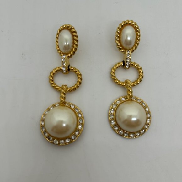 Gold-Tone Dangling Earrings With Faux Pearls & Rhinestone Accents - 2.75 Inch Le - Picture 3 of 14